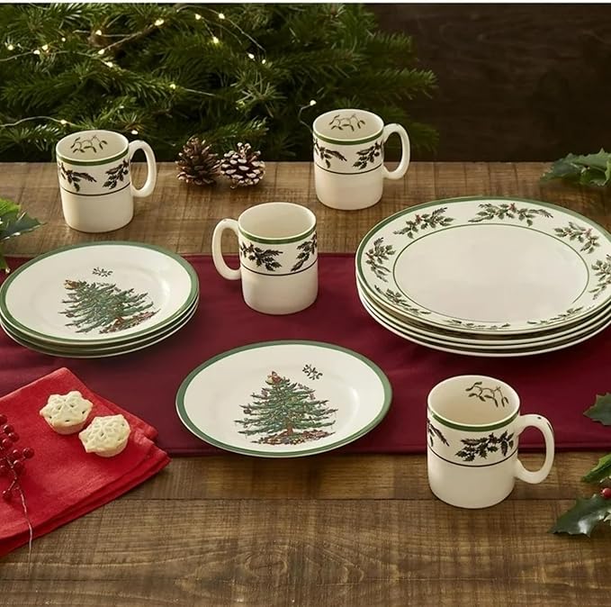 Spode Christmas Tree 12-Piece Melamine Dinnerware Set - Seasonal Dinnerware for Holiday Gatherings, Service for 4, Dishwasher Safe with Festive Christmas Tree Motif, Shatterproof & Durable Dishes