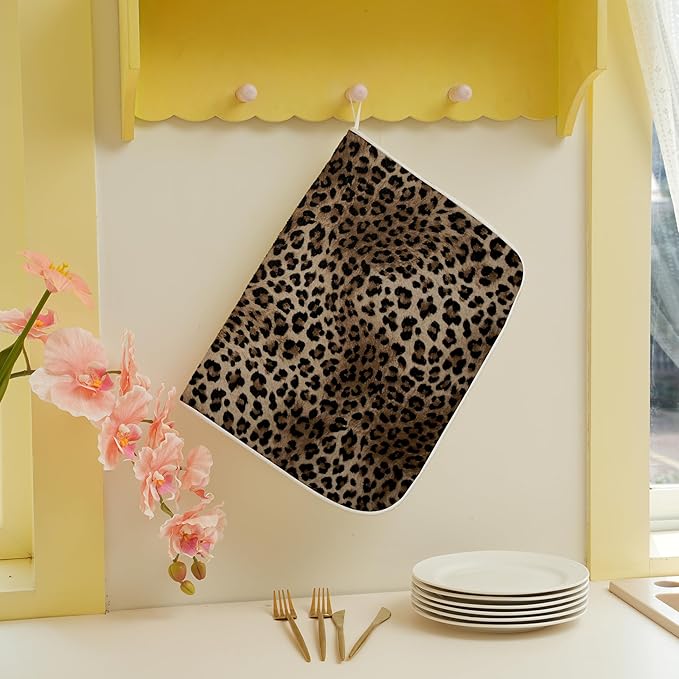 Brown Leopard Print Dish Drying Mats 18x24 Inches for Kitchen Counter Animal Print Skin Cheetah Kitchen Decorations Drying Mats Seasonal Outdoor Mat Drying Pad for Office Dining Room Decor