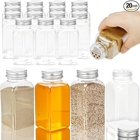 20 Pack 6 oz Plastic Spice Jars with Metal Lids Reusable Salt Pepper Shaker with Lids Clear Empty Square Spice Containers Seasoning Bottles for Kitchen Storage