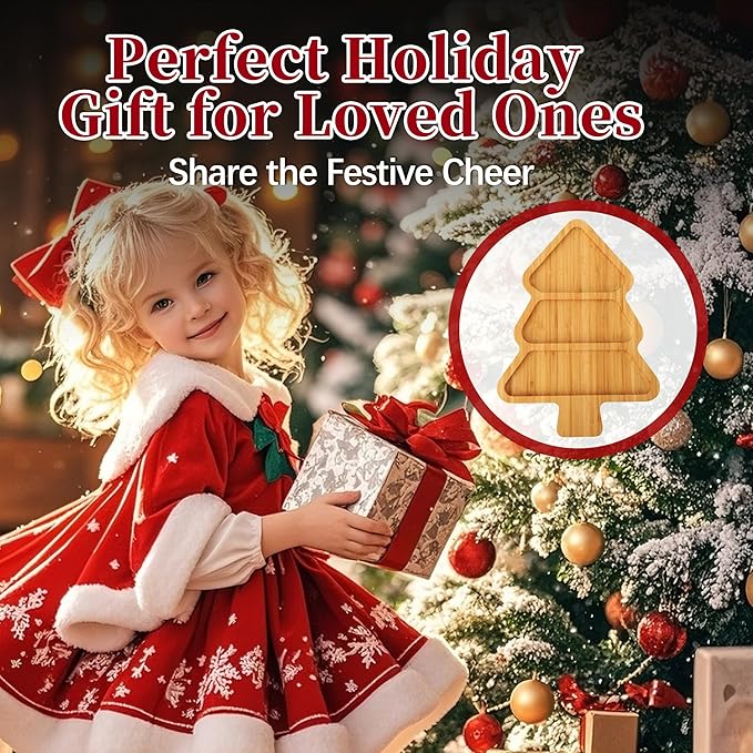 TJ POP Bamboo Christmas Tree Serving Tray, Divided Charcuterie Board with 3 Compartments, Table Decorations for Christmas Party