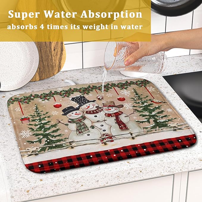 Winter Snowman Dish Drying Mat 16x18 Inch Red Buffalo Plaid Holiday Dish Drainer Mat Absorbent Dish Rack Pad for Kitchen Counter Sink Decor