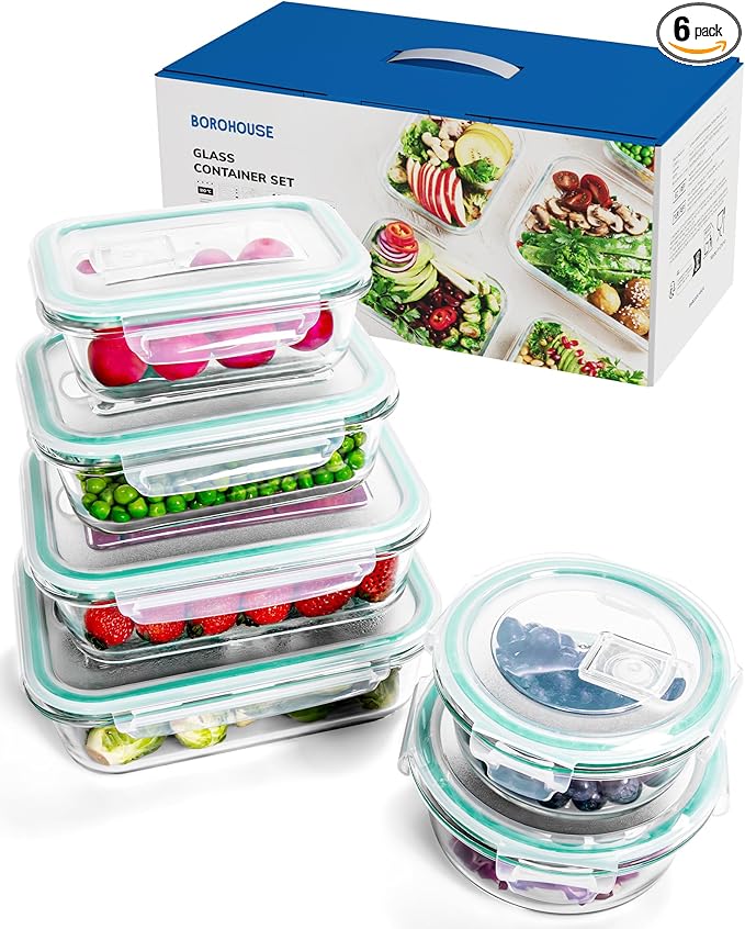 6-Piece Borosilicate Glass Food Storage Containers Set with Airtight Lids - Oven, Microwave & Freezer Safe, Leak-Proof, BPA-Free - Baking, Meal Prep & Gift Ready