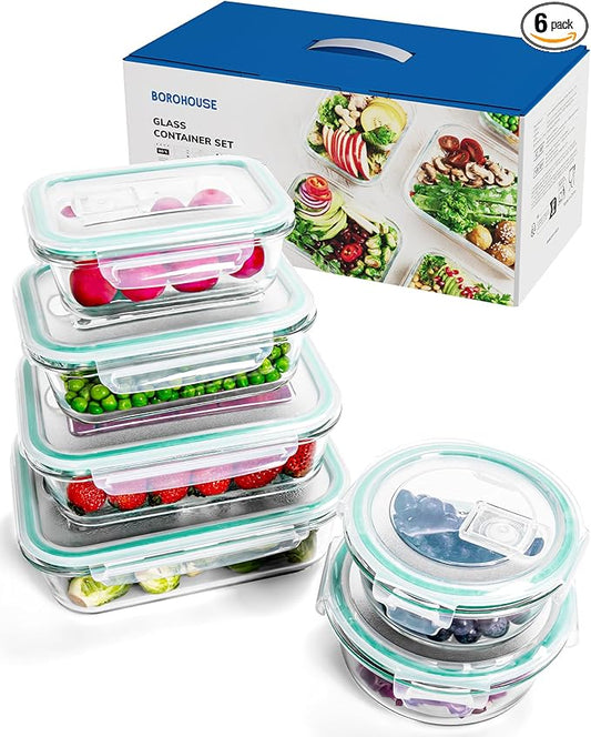 6-Piece Borosilicate Glass Food Storage Containers Set with Airtight Lids - Oven, Microwave & Freezer Safe, Leak-Proof, BPA-Free - Baking, Meal Prep & Gift Ready