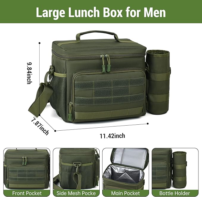 Tactical Lunch Box for Men, Insulated Lunchbox Waterproof Leakproof Cooler Lunch Bag for Work Outdoor Picnic, 24 Cans/15 L, Green