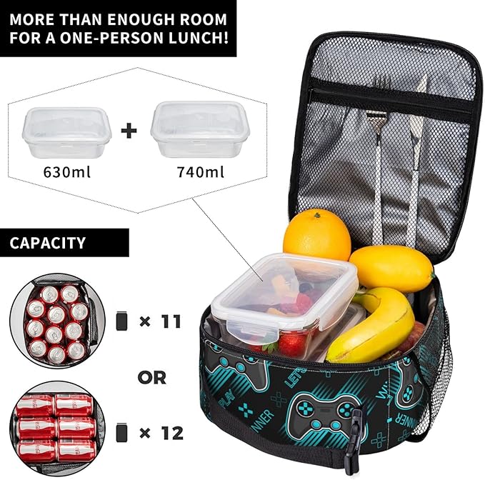 Video Game Controller Insulated Lunch Box Portable Lunch Bag with Detachable Handle,Reusable Lunchbox for Boys Girls Adults (Mrlunchbag-2302)