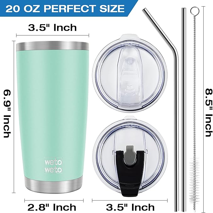 WETOWETO 20oz Tumbler with 2 lids and 2 straws, Stainless Steel Vacuum Insulated Water Coffee Tumbler Cup, Double Wall Powder Coated Spill-Proof Travel Mug Thermal Cup (Light Green, 1 Pack)