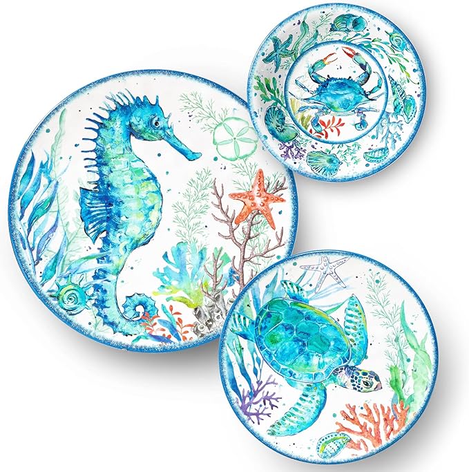 LEHAHA 12-Piece Melamine Beach Dinnerware Set, Coastal Plates and Bowls Sets, Oceanic Sea Life Dish Sets for 4, Great for Indoor Outdoor Dining on the Beach, RV, Camping or Cabin