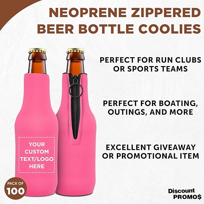 100 Neoprene Zippered Beer Bottle Coolies Pack - Customizable Text, Logo - Sharkskin Rubber Bottom - Neon Pink