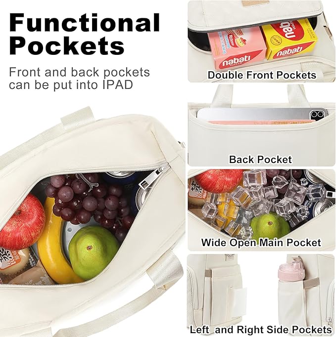 AIJIEKE Insulated Lunch Bag for Women, Lunch Box, Lunch Tote for Work, Large Leak Proof Cooler Bag with Removable Strap, Reusable Adult Lunchbag, Picnic, Office, Beach, Beige