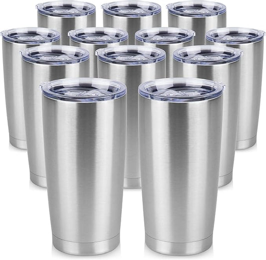 20 oz Tumbler Stainless Steel Tumblers Bulk with Lid Double Wall Insulated Coffee Tumbler Cups for Hot & Cold Drinks Powder Coated Travel Coffee Tumbler Mug Metal (Stainless Steel, 12 pack)