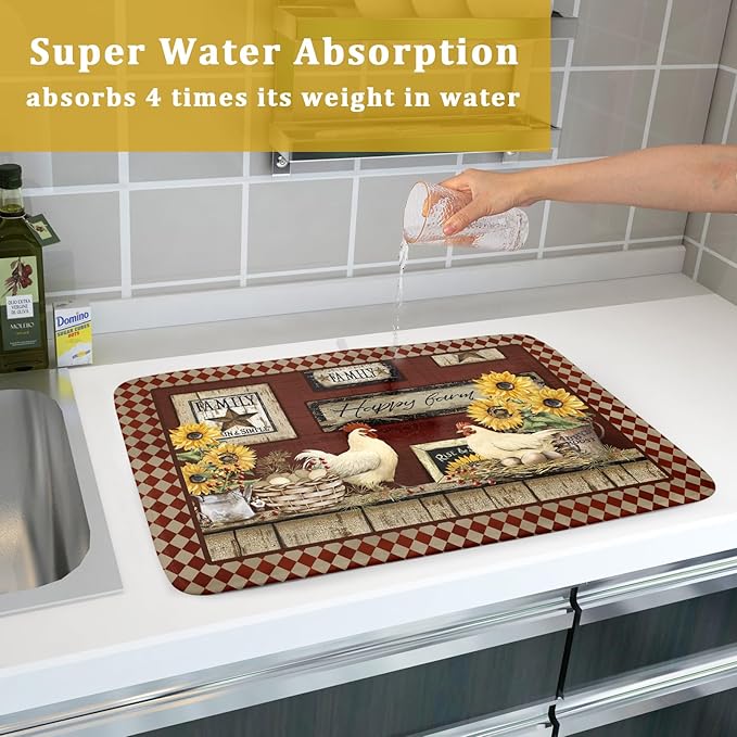 Vintage Rooster Dish Drying Mat 18x24 Inch Farmhouse Chicken Dish Drainer Pad Microfiber Absorbent Fast Dry Kitchen Counter Accessories