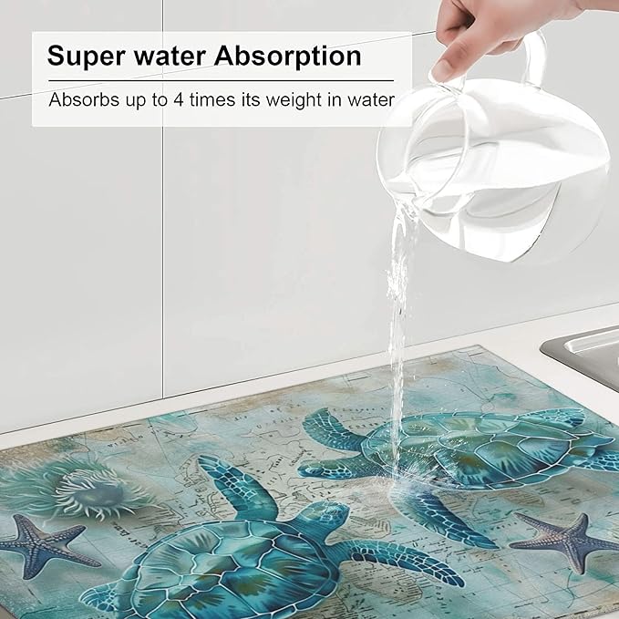 Sea Turtles Dish Drying Mat for Kitchen Counter Microfiber Super Absorbent Non-Slip Dish Drying Pad for Countertops Dishes Utensils Stylish Quick-Dry Machine Washable 18x24 Inch