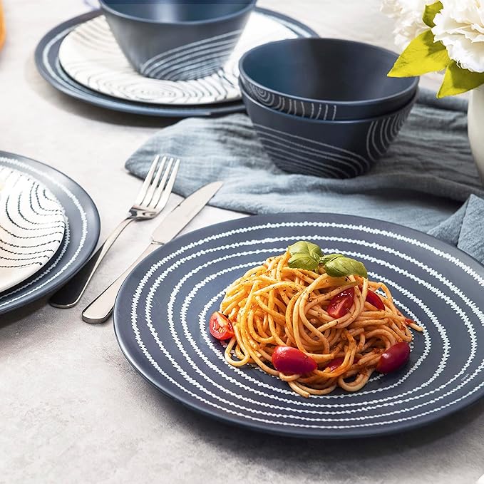 bzyoo 12 Piece Melamine Dinnerware Set - Durable, Dishwasher Safe Blue Plates and Bowls - Dining, Parties, Camping Dish Set Blue Planet Collection