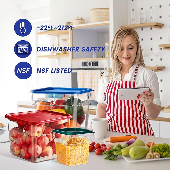 4 Pack Food Storage Containers, 12 Quart with Lids, Square Commercial Containers with Scale, NSF, Polycarbonate, Clear