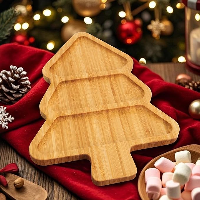 TJ POP Bamboo Christmas Tree Serving Tray, Divided Charcuterie Board with 3 Compartments, Table Decorations for Christmas Party