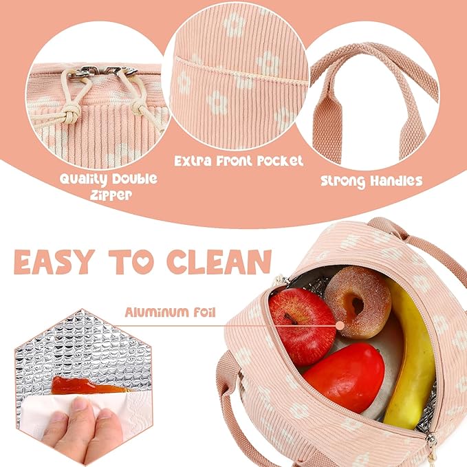 Bluboon Lunch Bag for Women Men Cute Corduroy Lunch Tote Bags Reusable Insulated Lunch Box Large Capacity Reusable Insulated Cooler for Work Picnic or Travel