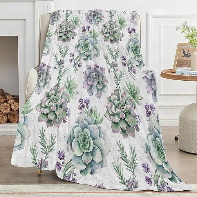 Succulent Blanket Botanical Floral Throw Blankets Lightweight Flannel Throws for Camping Couch Chair Office Bed Home Spring Summer Decor Gifts for Plant Lover,80x60inch