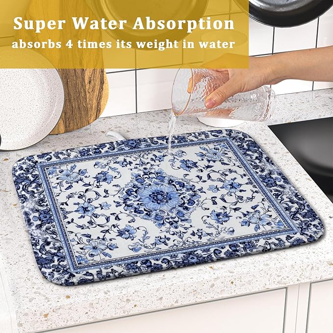 Boho Floral Dish Drying Mat 16x18 Inch Blue Leaves Kitchen Drying Pad Reversible Absorbent Dish Drainer Rack Mats Counter Tableware Decor