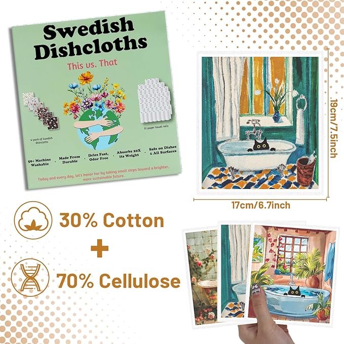 Black Cat Bathroom Swedish Dishcloths - 6PCS Oil Painting Black Cat Swedish Cloths for Washing Dishes, Cotton Kitten Reusable Dish Towels, Washable Cleaning Sponge Gifts Kitchen Home Supplies