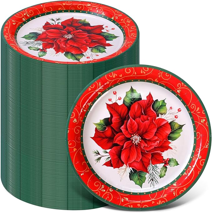 Zhehao 100 Pcs Christmas Paper Plates 9 Inch Disposable Plates Bulk Red and Green Poinsettia Christmas Party Decoration for Xmas Candy Dinner Plate Party Wedding Event Supplies