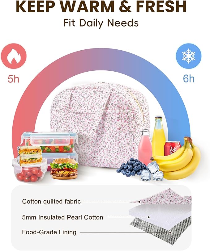 Quilted Lunch Box for Women,Insulated Cute Reusable Lunch Bag with Front Pocket,Pink Flower Stylish Lunch Tote Bag for Work, Office,Picnic, Travel,School (pink floral)