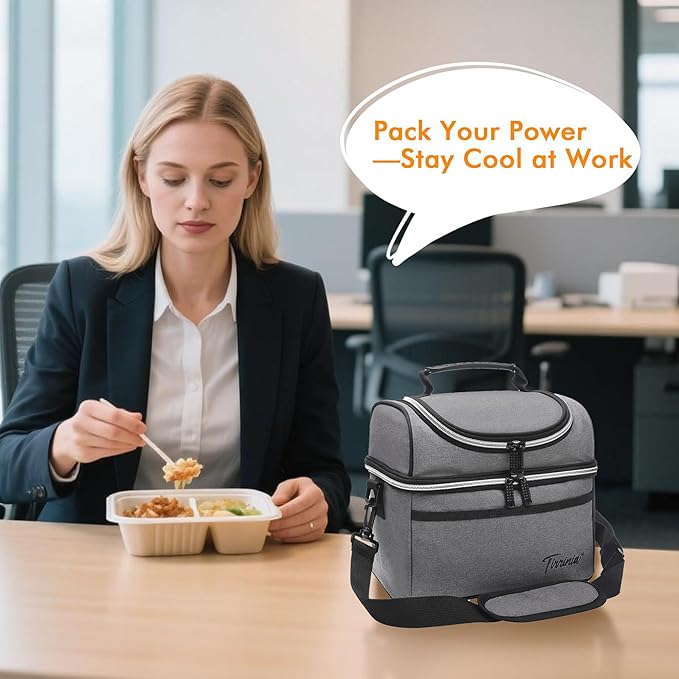 Tirrinia Reusable Lunch Box for Men Women, Insulated Lunch Bag Adult Work, Double Decker Leakproof Lunchbox for Office Picnic Beach—Dual Compartment Lunch Cooler Bag,Grey