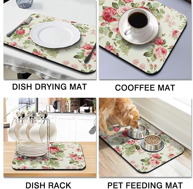Rubber Dish Drying Mat for Kitchen Counter Large Red Roses Floral Washable Quick Home Coffee Pad Fit Under Sink,Bar,Utensils or Stemware (24x18in)