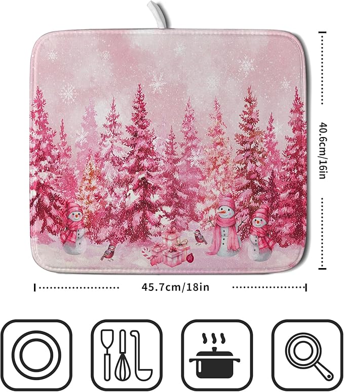 Pink Winter Dish Drying Mat Forest Washable Drying Matt Kitchen Counter Absorbent Coffee Mat for Women