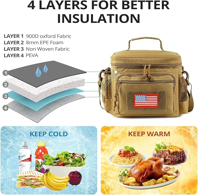 ATRIPACK Lunch Box for Men, Tactical Lunch Bag MOLLE Webbing Leakproof Insulated Large Lunch Cooler Women Adult Meal with Adjustable Shoulder Strap Durable Lunch Pail (Brown)