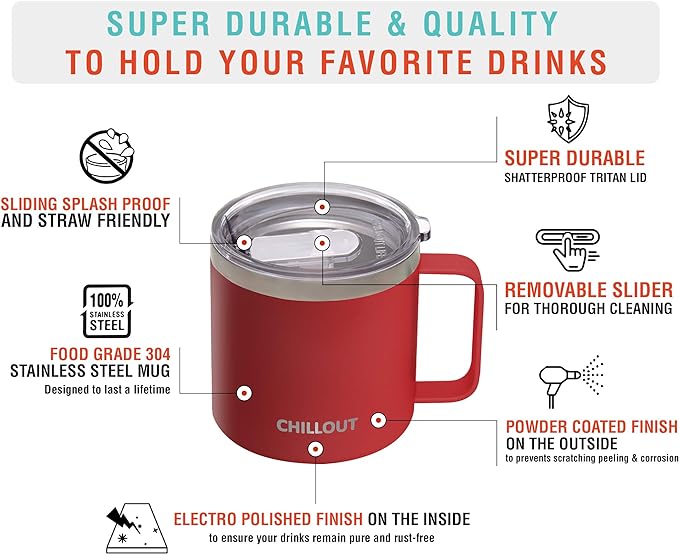 CHILLOUT LIFE Stainless Steel 16 oz Vacuum Insulated Coffee Mug with Handle and Lid, Large Thermal Camping Coffee Mug Cup with Durable Sliding Lid for Men & Women, Keeps your Beverages Hot & Cold