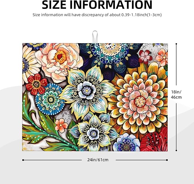 Boho Floral Dish Drying Mat for Kitchen Counter, 18 x 24 Inch Microfiber Dish Mats for Drying Dishes, Absorbent Large Dish Drying Pad Mandala Rack Mat Kitchen Decor