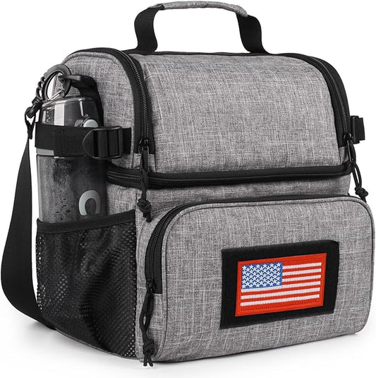 ATRIPACK 2 Compartment Lunch Bag for Men Adult, Tactical Lunch Box Leakproof Insulated Large Cooler Bag for Work with Adjustable Shoulder Strap Flag Double Layer Lunch Pail（Grey）