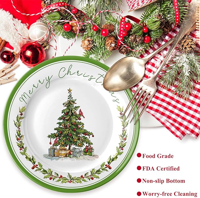 6 Pcs Christmas Dinner Plates Xmas Tree Melamine Dinnerware Green Plates Xmas Wreath Dishes Holiday Tableware for Dessert Salad Appetizer Birthday Party(Christmas Tree,8 Inches)