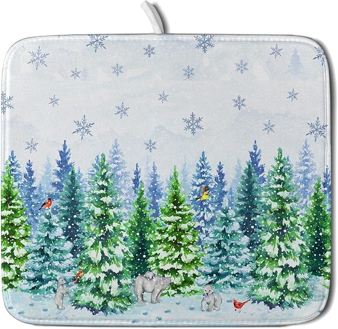 Watercolor Winter Dish Drying Pad Forest Kitchen Mat for Counter for Home Season Decor