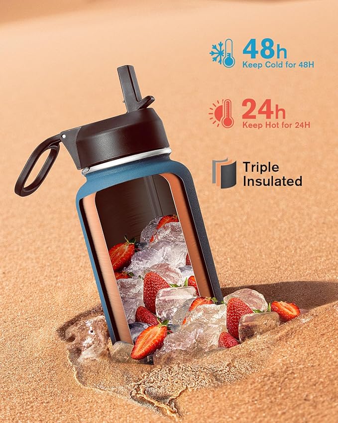Water Bottle 32 oz Insulated with Straw, Coolflask Stainless Steel Metal 3 Lids Water Flask Wide Mouth for Sports or Office, Non-BPA Keep Cold Up to 48 Hrs or Hot Up to 24 Hrs, Samurai Cyan
