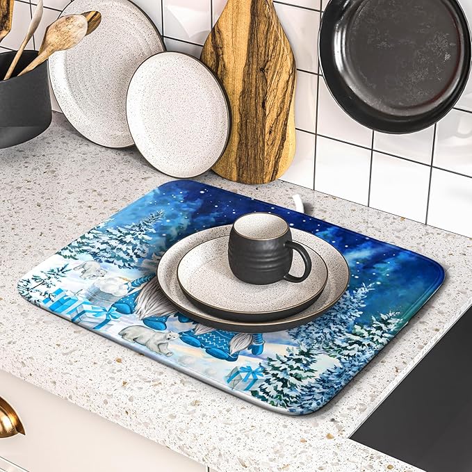 Winter Blue Gnome Dish Drying Mat for Kitchen Counter Pine Tree Microfiber Dish Pad Absorbent Reversible Fast Dry Draining Mats 16x18 Inch