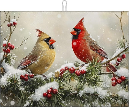 Winter Cardinal Bird Dish Drying Mat for Kitchen Counter Snow Drying Pad Absorbent Reversible Dish Drainer Rack Mats Draining Pad 18"x24"Inch