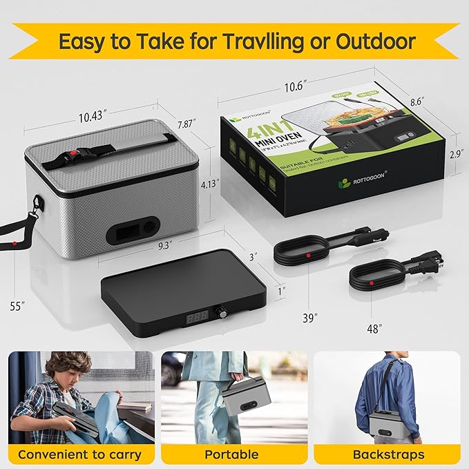 Portable Oven, 12V 24V 110V-240V Car Food Warmer Portable Personal Mini Oven Electric Heated Lunch Box for Meals Reheating & Raw Food Cooking for Road Trip/Camping/Picnic/Family Gathering(Gray)