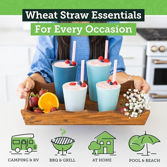 Grow Forward Premium Wheat Straw Cups - 13 & 20 oz Unbreakable BPA Free Hard Plastic Cups – Reusable Lightweight Plastic Drinking Glasses for Kitchen, Outdoor, Water, Camping, RV - Seascape