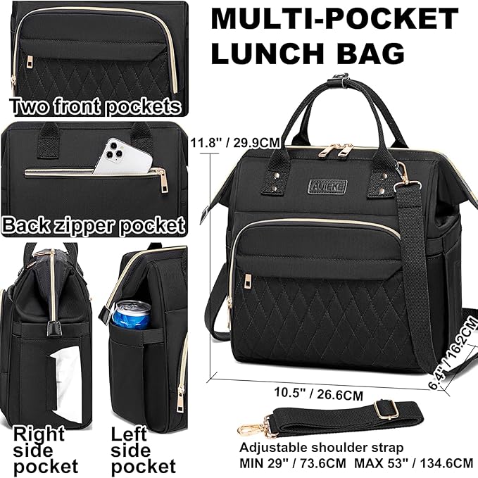 AIJIEKE Lunch Bag for Women, Large Lunch Box for Work Insulated Lunch Bag, Adult Leak Proof Lunch Tote Cooler Bag with Side Pockets & Adjustable Strap, Lunch Purse for Picnic Beach, Black