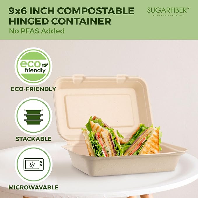 [50 COUNT]Harvest Pack PFAS FREE 9 X 6" Compostable Clamshell Food Containers, Heavy-Duty Hinged Container, Disposable Bagasse Eco-Friendly Natural Takeout to go Box, Made from Sugarcane Plant