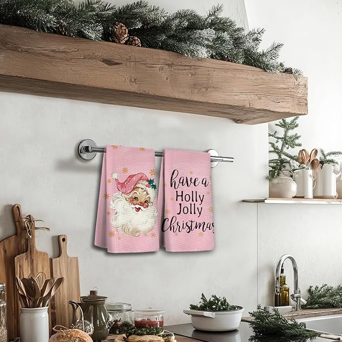 Pink Kitchen Accessories,Pink Kitchen Towels,Christmas Santa Claus Dish Towels Set of 2,Hand Towels for Bathroom,Gifts for Women,Housewarming Gifts 16×24 Inches