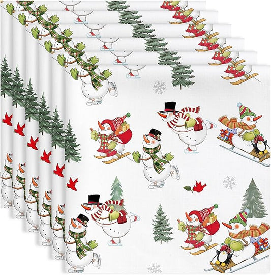 Christmas Snowman Napkins, 18×18 Inch Dinner Cloth Napkins Set of 6, Washable Cotton Soft Absorbent Square Table Top Decoration for Dining Kitchen Party Wedding