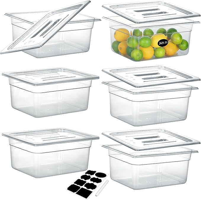 6 Pack NSF Food Pans with Lids, 1/2 Size 6'' Deep Commercial Food Storage Containers, Polycarbonate, Clear