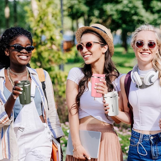 Sieral 4 Pcs 13 oz Travel Coffee Mug Insulated Reusable Coffee Cups with Leakproof Lid Stainless Steel Portable Tumbler for Keep Hot or Ice Milk Tea(Black, White, Pink, Green)