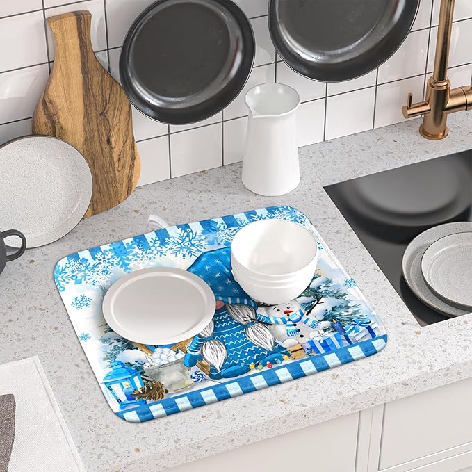 Winter Christmas Gnomes Dish Drying Mat 16x18 for Kitchen Counter Snowman Xmas Gift Tree Snowflake Large Absorbent Microfiber Fast Dry Dishes Draining Mats Holiday Kitchen Decor