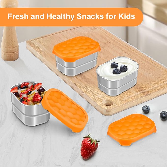 TeamFar 3 Pack 8oz Stainless Steel Snack Containers, Food Container with Silicone Lid Easy Open Leakproof, 8 oz Metal Toddler Kid Lunch Bento Box for Daycare Home Work Picnic, Orange