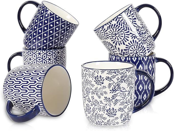 Selamica 10 oz Coffee Mugs Set of 6 with Handle, Coffee Cups Ceramic for Cappuccino Latte Cocoa Milk Tea, Dishwasher Microwave Safe, Vintage Blue