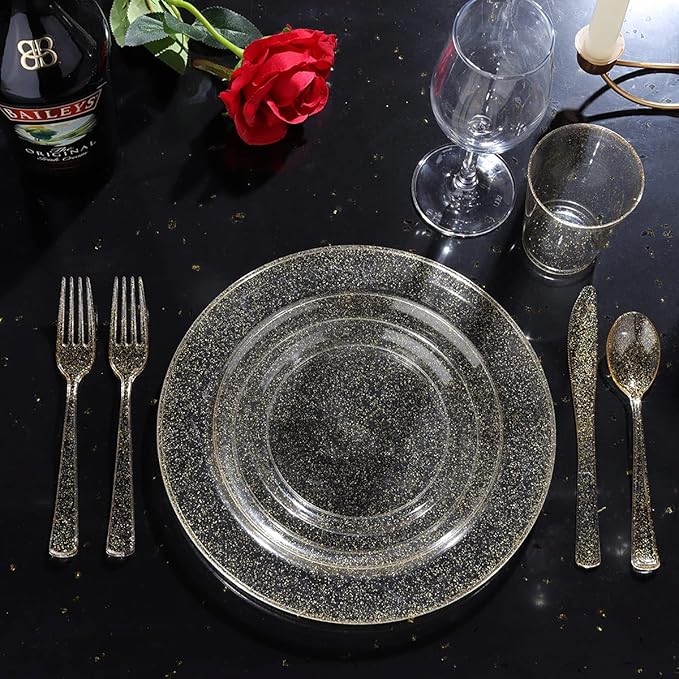 WELLIFE 175 Pieces Gold Glitter Plastic Plates with Silverware and Cups, Includes: 50 Plates, 50 Forks, 25 Knives,25 Spoons and 25 Cups for Party