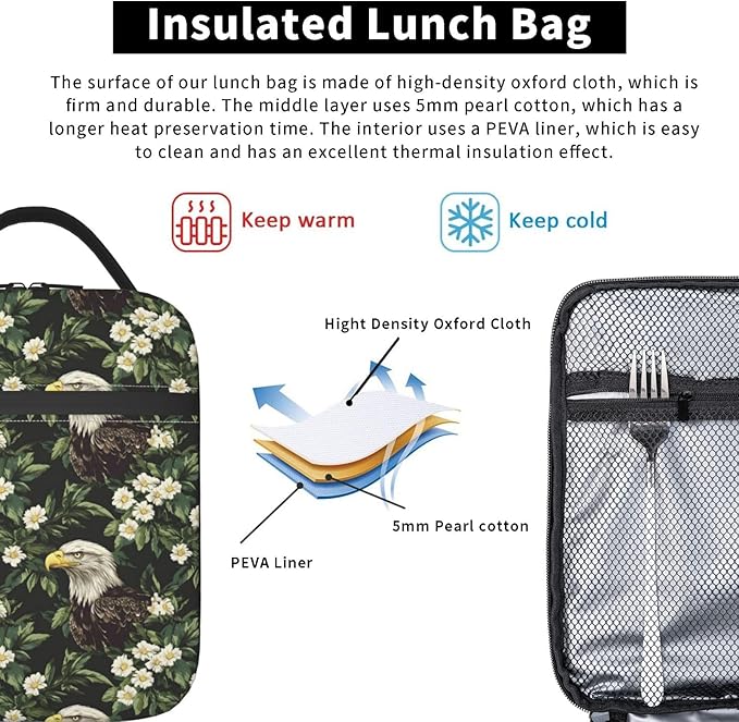 Bald Eagle Lunch Box for Teen Kids, Vintage Reusable Thermal Lunchbag, Picnic, School, Hiking, Fishing, Work, Bird Insulated Tote Cooler Bags for Adults Women Decor Gifts, Nature Theme